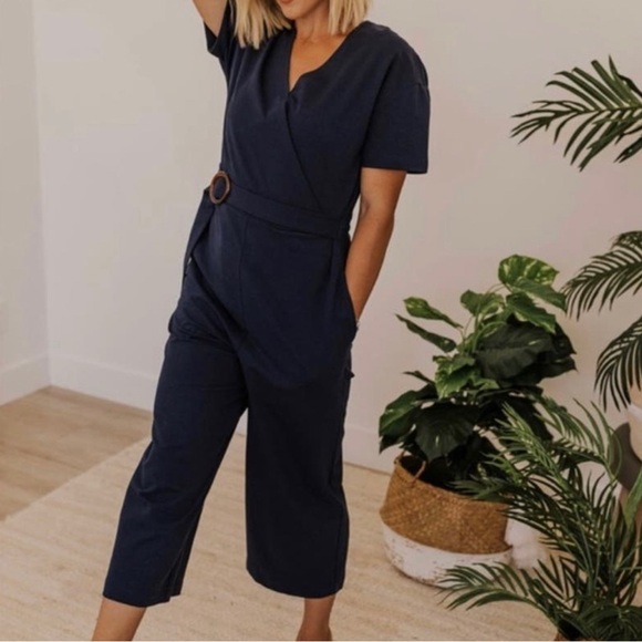 Roolee Wide Leg V-Neck Short Sleeve Neptune Navy Jumpsuit Adjustable Waist Belt - Picture 3 of 12